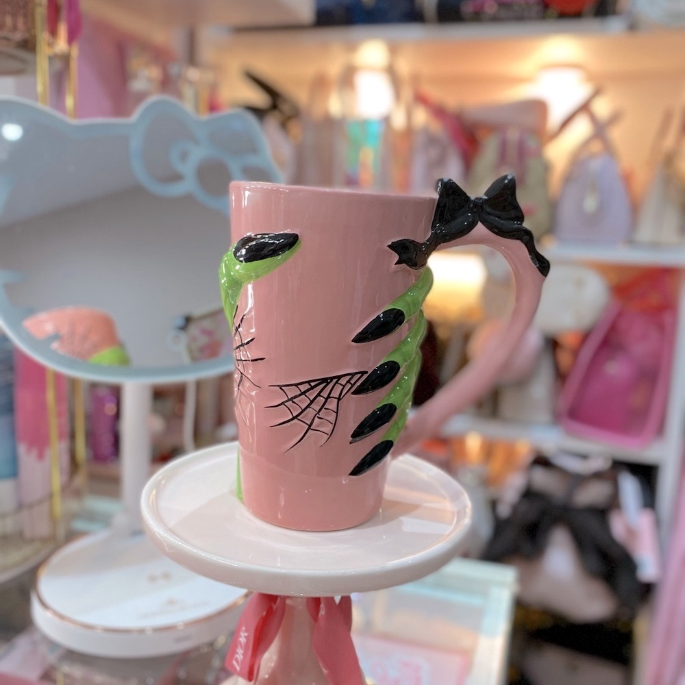 Pink Mug with Green Hand and Black Nails